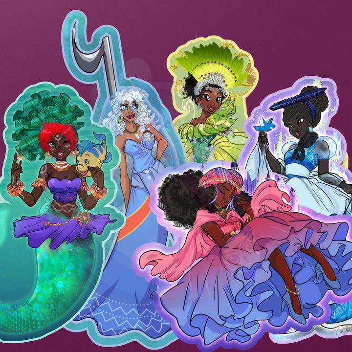 Afro Princesses Reimagined - Set of 5 Full Body Cartoon Princess Stickers