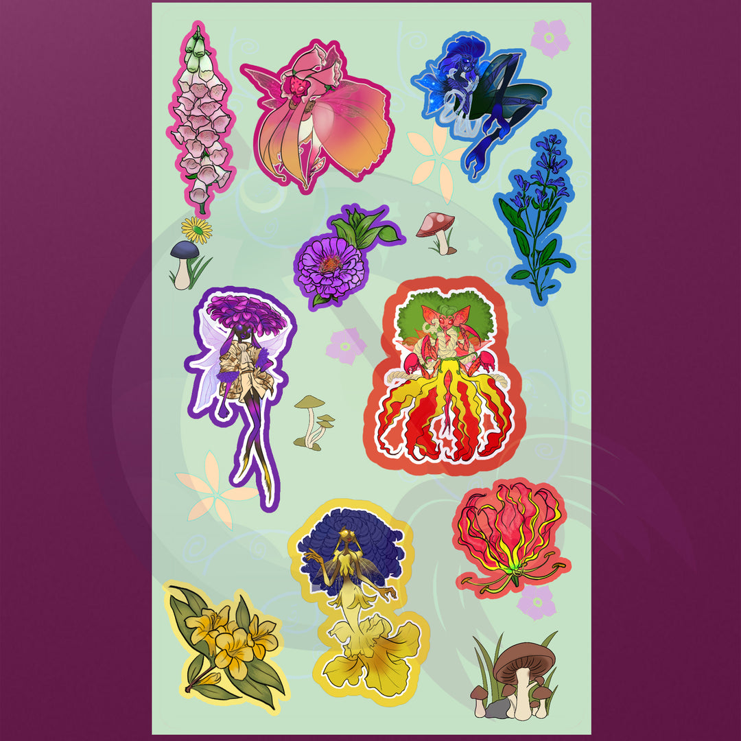 Colorful Flower Pixie Sticker Sheet / Cute Creature Fantasy Vinyl Stickers