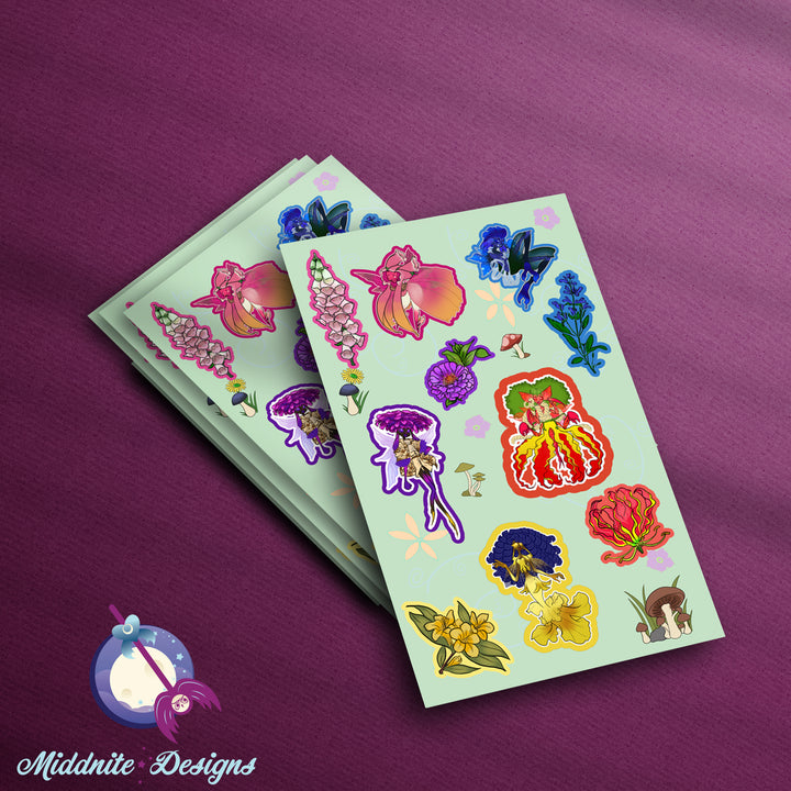 Colorful Flower Pixie Sticker Sheet / Cute Creature Fantasy Vinyl Stickers