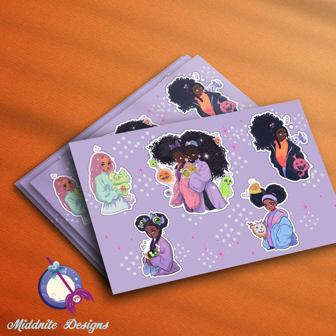 Sweets N Spirits Girls Sticker Sheet, Halloween Themed, Black Girl Magic with Candy Monsters Laptop Vinyl Decor